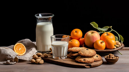 Milk and Cookies Delight, A tempting duo a glass of milk sitting alongside delicious cookies, an irresistible treat for a cozy moment.の素材