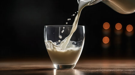 Dreamy Pour, Silky milk cascades into a crystal clear glass against a dark backdrop, a captivating moment of pure indulgence and contrastの素材