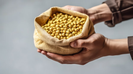 Soybean harvest, Strong hands cradle a bag of soybeans, a symbol of agricultural abundance and the foundation of nutritious plant based diets.の素材