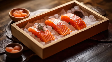 Icy Elegance, Salmon pieces resting on shaved ice, embodying the freshness and concept of food freezing in a captivating stock photo.の素材