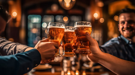 Sip and unwind, Mens hands clink beer glasses against a bar counter backdrop, setting the scene for an evening of relaxation.の素材
