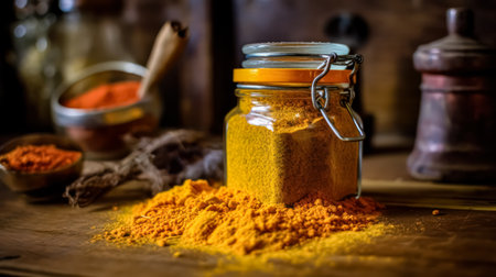 Sunny spice, Turmeric powder in a glass jar on a wooden table, a vibrant addition as a spice, dye, and medicinal wonderの素材