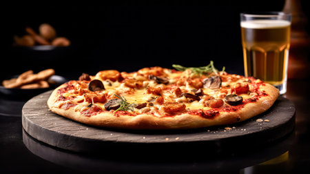 Indulge in a slice of perfection. Pepperoni, tomatoes, and olives top a delectable pizza, showcased on a captivating dark background.の素材