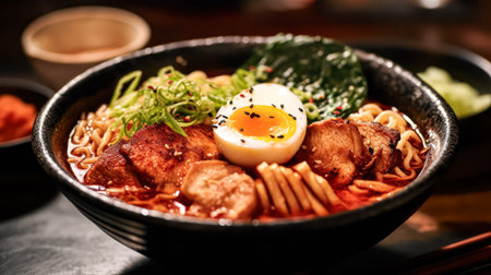 Savor the rich flavors of Asian cuisine with a tempting bowl of ramen featuring wheat noodles, succulent meat, and a perfectly poached egg on a dramatic dark background.の素材