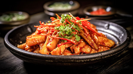 Savor the vibrant colors and flavors. Kimchi, a Korean delight, adorned with pickled vegetables and red pepper, a visual feast on a dark backgroundの素材