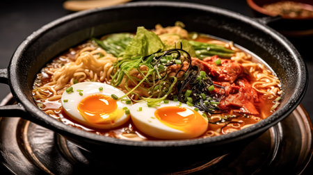 Savor the rich flavors of Asian cuisine with a tempting bowl of ramen featuring wheat noodles, succulent meat, and a perfectly poached egg on a dramatic dark background.の素材