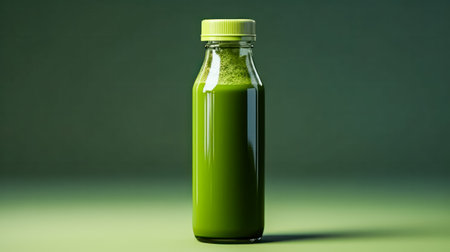 Vibrant wellness, Tonic green smoothie from vegetables in a bottle on a lush green backdrop. A refreshing stock photo embodying the concept of healthy drinksの素材