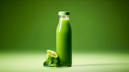 Vibrant wellness, Tonic green smoothie from vegetables in a bottle on a lush green backdrop. A refreshing stock photo embodying the concept of healthy drinksの素材
