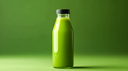 Vibrant wellness, Tonic green smoothie from vegetables in a bottle on a lush green backdrop. A refreshing stock photo embodying the concept of healthy drinksの素材