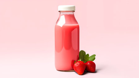 Strawberry juice in a bottle on a pink background, radiating the refreshing essence of a healthy drink concept with vibrant allureの素材