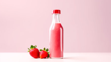 Strawberry juice in a bottle on a pink background, radiating the refreshing essence of a healthy drink concept with vibrant allureの素材