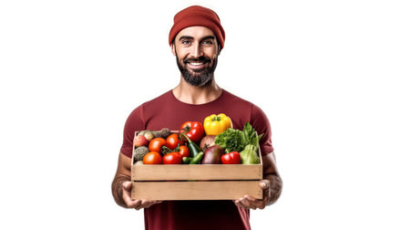 Strong man with a box of fruits and vegetables on a white background, symbolizing the concept of food donation or store delivery. A powerful image.の素材