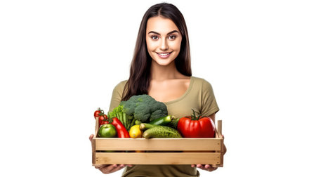girl with a box of fruits and vegetables on a white background, symbolizing the concept of food donation or store delivery.の素材