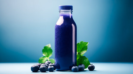 Refreshing elegance, Blueberry cocktail in a bottle on a vibrant blue background. A captivating stock photo blending aesthetics and flavor seamlesslyの素材
