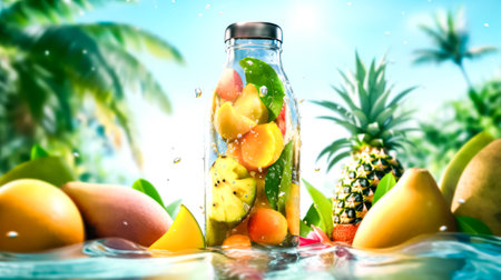 Tropical elixir, Tonic water with citrus fruits in a vibrant bottle, set against a bright tropical backdrop. A refreshing stock photo for a healthy drinks conceptの素材