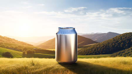 A large can of a drink against a background of nature and mountainsの素材