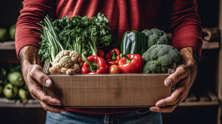 Man holding a box with fruits and vegetablesの素材