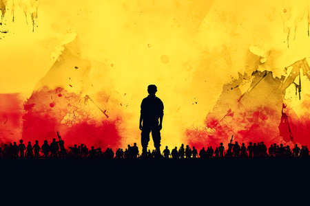 Illustration depicting the courage of the Ukrainian people on a blue yellow background. A stock image symbolizing strength and unity.の素材