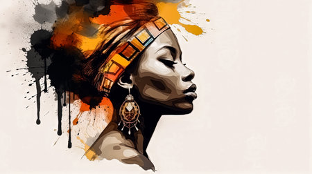 African woman in traditional attire, vivid watercolors on white. Black History Month concept.の素材