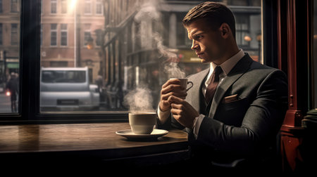 A businessman in a cafe, deep in thought, drinks coffee and looks into the distance. A standard photo capturing a moment of reflection and contemplation.の素材