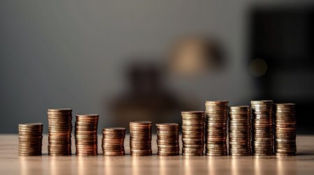 Background concept, Stacks of gold money coins, symbolizing the idea of saving and accumulating wealth. Finance and savings illustration.の素材