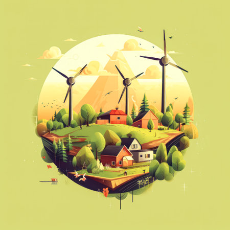 Green energy concept Silhouette of a wind power turbine amid mountain hills. Standard illustration capturing the beauty of renewable energy landscapes.の素材