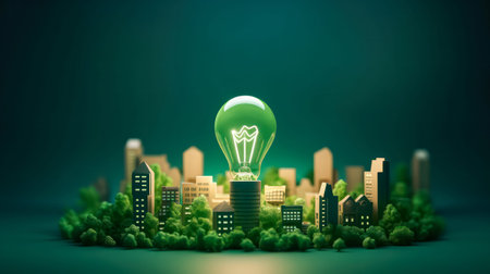 Green eco city with light bulb on white background save energy and nature. Environmental and ecology concept, sustainable development.illustration.の素材