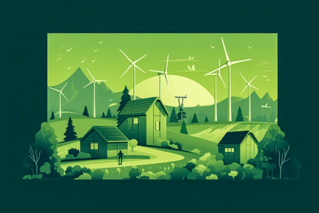 Green energy concept Silhouette of a wind power turbine amid mountain hills. Standard illustration capturing the beauty of renewable energy landscapes.の素材