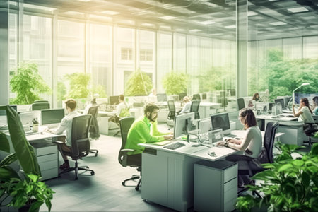 Multiracial business people working on sustainable innovation project Green renewable energy concept. Focus on the left man's face. Standard illustration.の素材