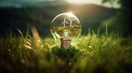 Green energy technology environmentally sustainable, renewable energy. Illustration featuring a clean energy windmill on a light bulb against a green background.の素材