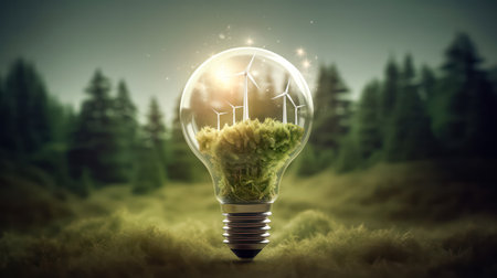Green energy technology environmentally sustainable, renewable energy. Illustration featuring a clean energy windmill on a light bulb against a green background.の素材