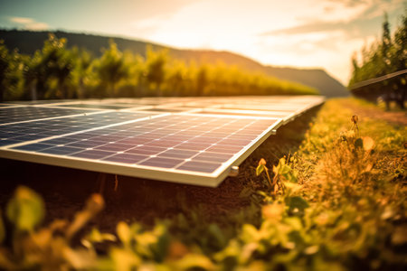 Photovoltaic solar power panel against a sky background green clean alternative power energy concept. Standard illustration for sustainable energy.の素材