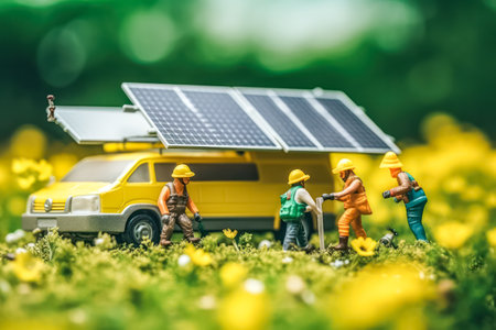 Miniature workers near solar panels standard illustration capturing the concept of renewable energy and sustainable practices in a miniature world.の素材
