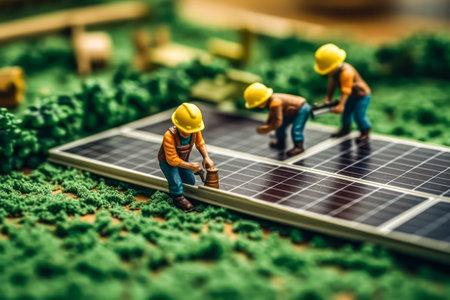 Miniature workers near solar panels standard illustration capturing the concept of renewable energy and sustainable practices in a miniature world.の素材