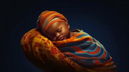 Heartwarming scene of a cute African American little boy peacefully sleeping in his warm bed with white sheets and pillowcase. Standard image capturing the serenity of a morning rest.の素材