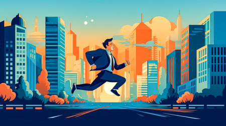 Confident young businessman running in formal atmosphere symbolizing business competition and leadership. Flat realistic illustration.の素材