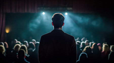 Confident businessman addressing a large audience with authority. Professional speaker delivering a compelling presentation to captivated listeners. Standard concept for business communication.の素材