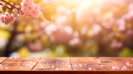 A rustic charm, an empty wooden table set in a Sakura flower park, surrounded by the soft bokeh of a garden. Perfect for showcasing outdoor themed products.の素材