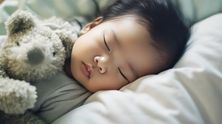 A tender image capturing the selective focus portrait of a charming sleeping baby with a cute teddy bear on a comfortable bed. Standard depiction of innocence and serenity.の素材