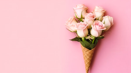 Delicious roses ice cream in a charming waffle cup, presented with minimalistic flair on a delightful pink background. A sweet treat for visual projects.の素材