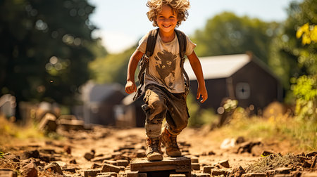 Child walking near a house in a field during autumn. Standard image capturing the simple and charming essence of a countryside scene in fall.の素材