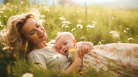Enchanting image of a mom in a field with flowers, radiating warmth and natural beauty. Standard visual capturing the essence of motherhood and nature.の素材