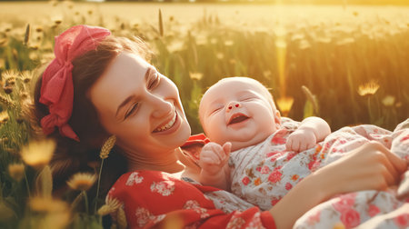Enchanting image of a mom in a field with flowers, radiating warmth and natural beauty. Standard visual capturing the essence of motherhood and nature.の素材