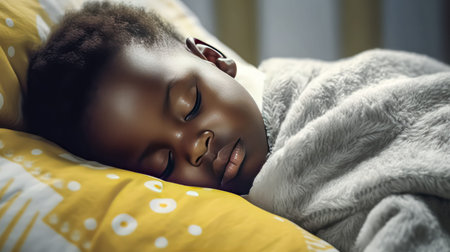 Heartwarming scene of a cute African American little boy peacefully sleeping in his warm bed with white sheets and pillowcase. Standard image capturing the serenity of a morning rest.の素材