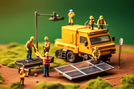 Miniature workers near solar panels standard illustration capturing the concept of renewable energy and sustainable practices in a miniature world.の素材