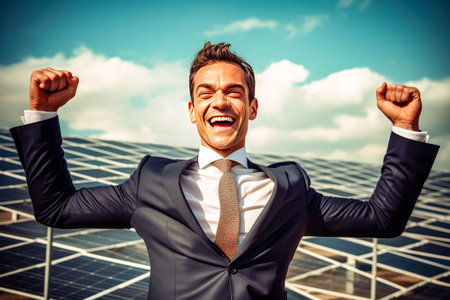 Energetic portrait of a joyful businessman jumping with excitement against the backdrop of solar panels. Standard image blending success and sustainable energy.の素材
