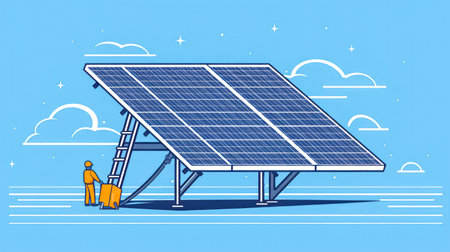 Isometric illustration of a solar cell power plant maintenance team working on the roof of a house. Standard visual depicting solar energy maintenance.の素材
