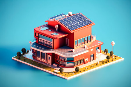Smart home with solar panels 3D illustration. Standard visual depicting the concept of a modern, energy efficient home.の素材