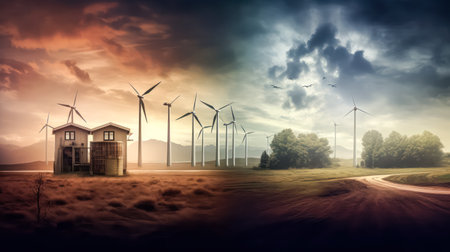 Wind turbines on a vast farmland under a cloudy sky. Standard illustration capturing the concept of wind energy and sustainable power sources.の素材