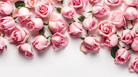 Elegant flat lay composition featuring a delicate frame made of roses on a clean white background. A timeless and romantic floral arrangement.の素材